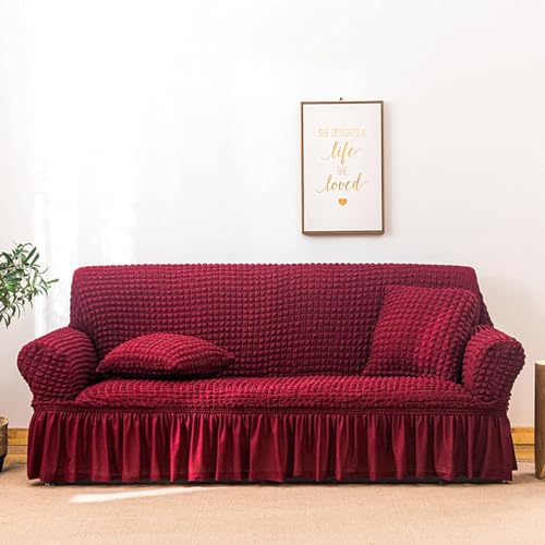 Stretch Sofabezug 3D Jacquard Sofabezug Stylischer Sofabezug Mit Rock Stretch Seersucker Stoffsofa Schonbezug Strapazierfähiger Möbelschutz Für Wohnzimmer(Red,4 Seater(235300cm)) von RBSN