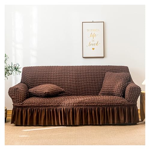 Stretch Sofabezug 3D Jacquard Sofabezug Stylischer Sofabezug mit Rock Stretch Seersucker Stoffbankbezug Strapazierfähiger Möbelschutz für Wohnzimmer(Coffee 1.4 Seater(235300cm)) von RBSN