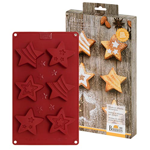 Birkmann 252615 Mini-Cakes Stars, mittel 6-fach, Silikon, Durchmesser 7 cm Silikonbackform, Rot von RBV Birkmann