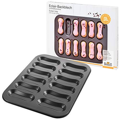 Birkmann, Eclair Backblech, Backform für 12 Eclairs und Löffelbiskuits, mit hochwertiger Antihaftbeschichtung, BPA-frei, mit Rezept, 35 x 27 cm, 210233 von Birkmann