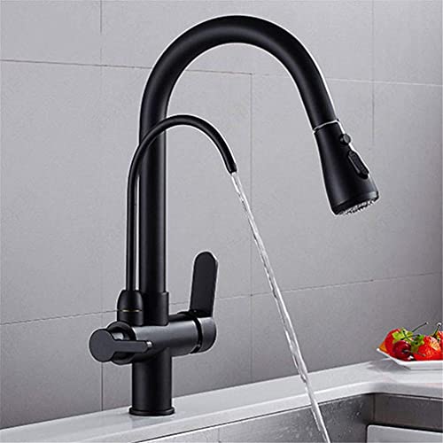 3-Wege-Wasserhahn Küche mit Hochbogen-Wasserfilter, herausziehbar, Doppelgriff, 360° drehbar, Deckmontage, Beige (Black A) von RBYRLDSTY
