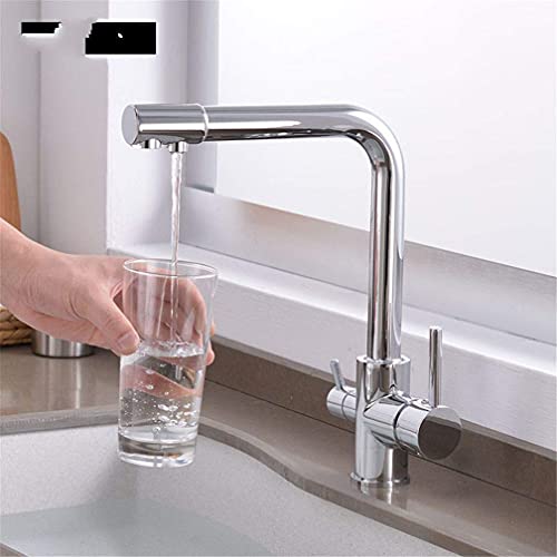3-Wege-Wasserhahn Küche mit Hochbogen-Wasserfilter, herausziehbar, Doppelgriff, 360° drehbar, Deckmontage, Beige (Chrom B) von RBYRLDSTY