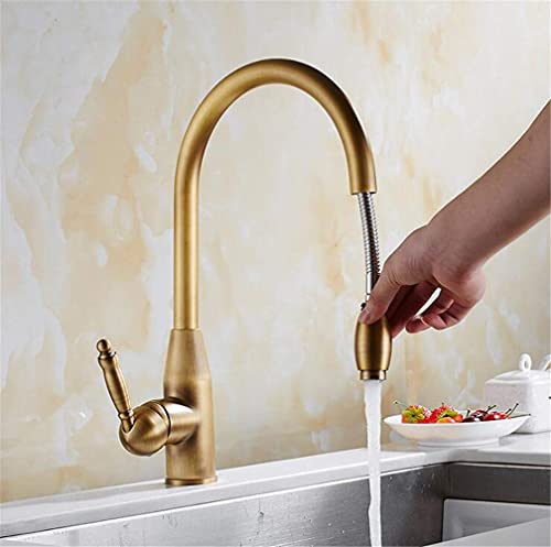 Ausziehbare Küchenarmaturen, schwarz, Warm- und Kaltwassermischer, Küchenspüle, Einhandarmaturen mit Luftsprudler für Kalt- und Warmmischer, goldfarben (antikes Messing) von RBYRLDSTY