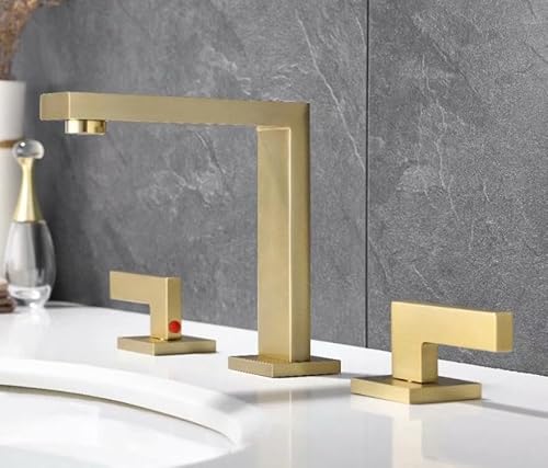 Gebürsteter Goldwaschbeckenhahn, Deckmontage, Doppelgriffhahn, goldener Bürstenhahn, Waschtischmischer, Warm- und Kaltwasser-Waschbeckenhahn(Brushed gold) von RBYRLDSTY