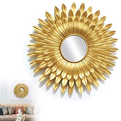 Deko Spiegel Gold Rund Sonne, Kreisspiegel Gold 60cm Wand-Rundspiegel mit Blumen Metallrahmen, Home Decor Badezimmerspiegel, Wohnzimmer Wandspiegel von RCBDBSM