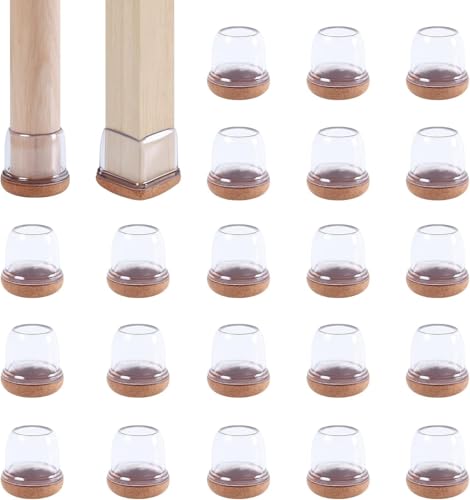 RCHYFEED 22-26mm Stuhlbeinkappen mit Filzpolstern Transparente Silikon, 24 STK Elastische Schutzkappen für Stuhlbeine Rund Gummi Stumm & Kratzfest, Stuhlbeinschoner mit Filz 1'' Filzgleiter von RCHYFEED