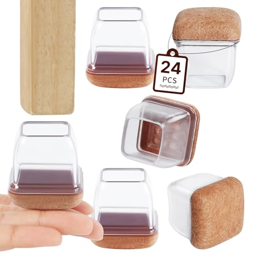 RCHYFEED 22-25mm Stuhlbeinkappen mit Filzpolstern Transparente Silikon, 24 STK Elastische Schutzkappen für Stuhlbeine Eckig Gummi Stumm & Kratzfest, Stuhlbeinschoner mit Filz 1''Filzgleiter von RCHYFEED
