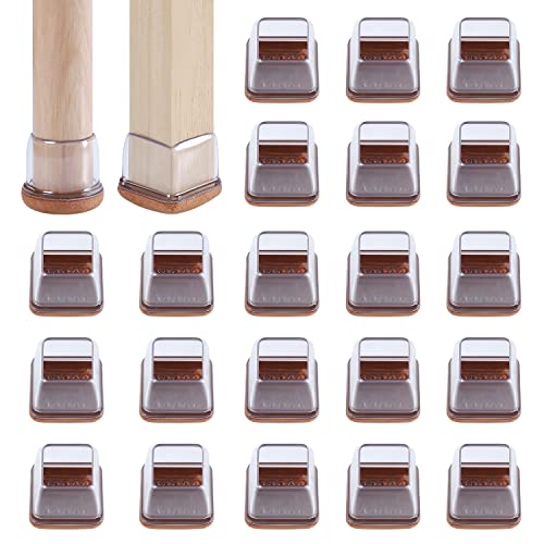 RCHYFEED 28-34mm Stuhlbeinkappen mit Filzpolstern Transparente Silikon, 24 STK Elastische Schutzkappen für Stuhlbeine Eckig Gummi Stumm & Kratzfest, Stuhlbeinschoner mit Filz 1,25'' Filzgleiter von RCHYFEED