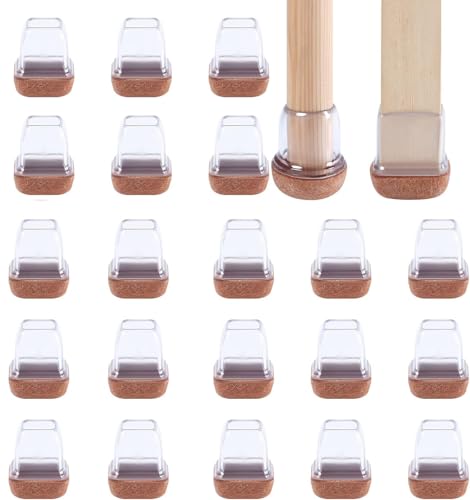 RCHYFEED 15-18mm Stuhlbeinkappen mit Filzpolstern Transparente Silikon, 24 STK Elastische Schutzkappen für Stuhlbeine Eckig Gummi Stumm & Kratzfest, Stuhlbeinschoner mit Filz 0,75'' Filzgleiter von RCHYFEED