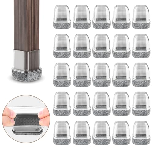 RCHYFEED 15-18mm Stuhlbeinkappen mit Filzpolstern Transparente Silikon, 24 STK Elastische Schutzkappen für Stuhlbeine Eckig Gummi Stumm & Kratzfest, Stuhlbeinschoner mit Filz Filzgleiter von RCHYFEED