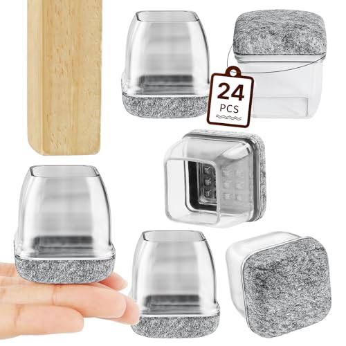 RCHYFEED 22-25mm Stuhlbeinkappen mit Filzpolstern Transparente Silikon, 24 STK Elastische Schutzkappen für Stuhlbeine Eckig Gummi Stumm & Kratzfest, Stuhlbeinschoner mit Filz Filzgleiter von RCHYFEED