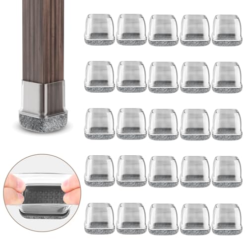 RCHYFEED 28-34mm Stuhlbeinkappen mit Filzpolstern Transparente Silikon, 24 STK Elastische Schutzkappen für Stuhlbeine Eckig Gummi Stumm & Kratzfest, Stuhlbeinschoner mit Filz Filzgleiter von RCHYFEED
