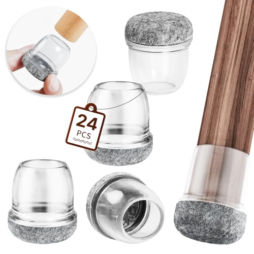 RCHYFEED 29-34mm Stuhlbeinkappen mit Filzpolstern Transparente Silikon, 24 STK Elastische Schutzkappen für Stuhlbeine Rund Gummi Stumm & Kratzfest, Stuhlbeinschoner mit Filz Filzgleiter von RCHYFEED