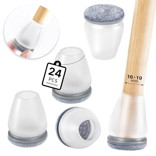 RCHYFEED Schutzkappen für Stuhlbeine, 24 Stück Transparente Stuhlbeinkappen mit grau Filz für gerade und schräge Stuhlbeine, Stuhlbeinschoner Geräusche und Kratzer Beseitigen(Rund,16-19mm) von RCHYFEED