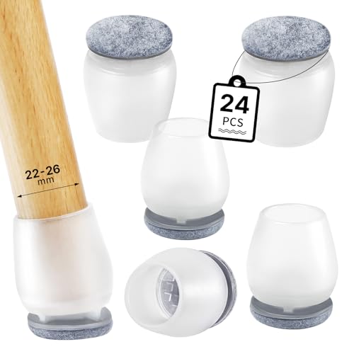 RCHYFEED Schutzkappen für Stuhlbeine, 24 Stück Transparente Stuhlbeinkappen mit grau Filz für gerade und schräge Stuhlbeine, Stuhlbeinschoner Geräusche und Kratzer Beseitigen (Rund,22-26mm) von RCHYFEED