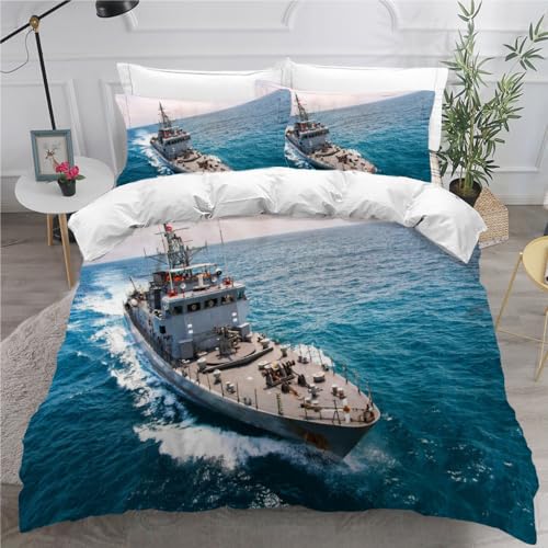 RCKLCY 100% Mikrofaser Bettwäsche-Sets 135x200 3 teilig 3D Motiv Kriegsschiff Kinder Bettwäsche mit Reißverschluss Blaues Meer Bettbezug mit Kissenbezug 80x80 cm für Kinder Jungen Mädchen von RCKLCY