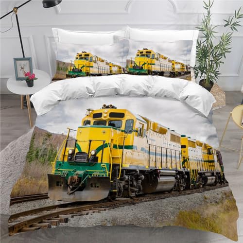 RCKLCY Bettwäsche 155×220 3D Druck 3 teilig Retro-Zug Bettwäsche-Sets 100% Mikrofaser mit Reißverschluss Lokomotive Eisenbahn Kinder Jugendliche Soft Bettbezüge mit 2 Kissenbezug 80x80 cm von RCKLCY