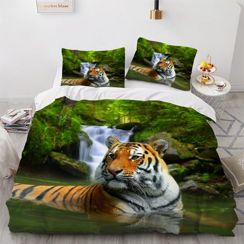 RCKLCY Bettwäsche 200x200 Tiger Bettwäsche-Set 3 Teilig 3D-Druck Natürlicher Wald Bettbezug 200x200 Mit Reißverschluss Weiche Mikrofaser Bettbezüge Mit 2 Kissenbezug 80x 80 cm von RCKLCY