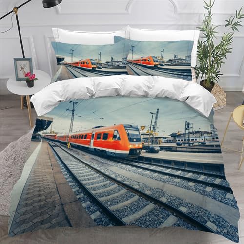 RCKLCY Kinder Bettwäsche 135×200 3D Druck 3 teilig Fahrender Zug Bettwäsche-Sets 100% Mikrofaser mit Reißverschluss Express Zug Jungen Mädchen Soft Bettbezug mit 2 Kissenbezug 80x80 cm von RCKLCY