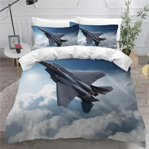 RCKLCY Kinder Bettwäsche 135×200 3D Druck 3 teilig Flugzeug Bettwäsche-Sets 100% Mikrofaser mit Reißverschluss Himmelswolken Jungen Mädchen Soft Bettbezug mit 2 Kissenbezug 80x80 cm von RCKLCY