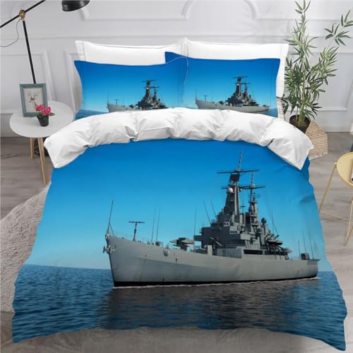 RCKLCY Kinder Bettwäsche 135×200 3D Druck 3 teilig Kriegsschiff Bettwäsche-Sets 100% Mikrofaser mit Reißverschluss Blaues Meer Jungen Mädchen Soft Bettbezug mit 2 Kissenbezug 80x80 cm von RCKLCY