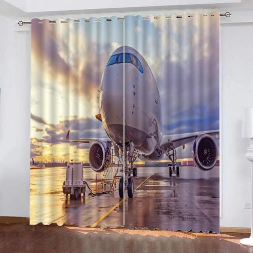 RCKLCY Vorhänge Blickdich Flugzeug 3D Verdunklungsvorhänge mit Ösen Sonnenuntergangshimmel Microfaser Schlafzimmer Vorhang Wetterfest für Wohnzimmer Kinderzimmer 2er Set Größe:2 x B75 x H166 cm von RCKLCY