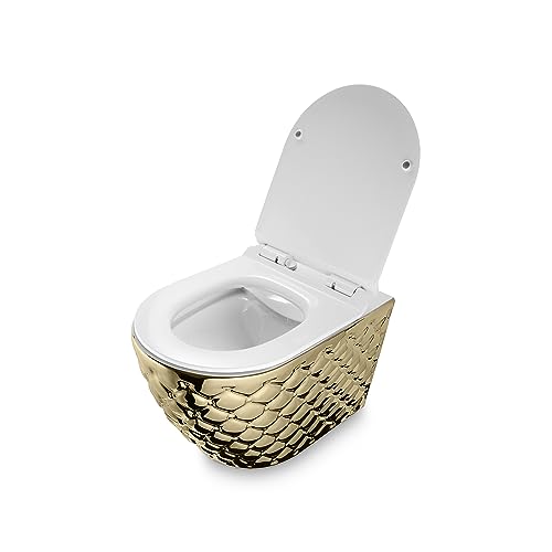 RD Luxury® Gold/Weiß Hänge WC Spülrandlos Hänge WC Komplettset Wand WC Spülrandlos Designer Wand Toilette WC Sitz + Deckel aus Duroplast von RD Luxury