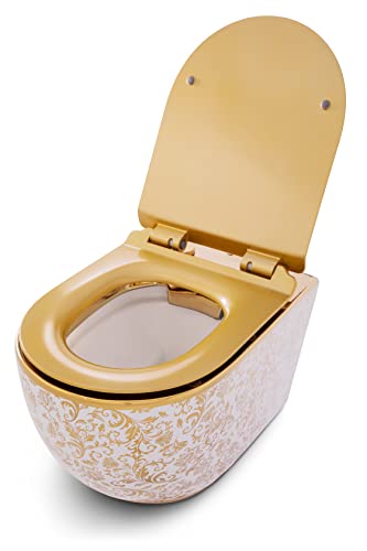 RD Luxury® Hänge WC Spülrandlos Hänge WC Komplettset Wand WC Spülrandlos Designer Wand Toilette WC Sitz + Deckel aus Duroplast Weß Gold von RD Luxury