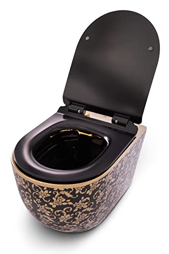 RD Luxury Spülrandloses Hänge-WC Schwarz-Gold mit Blumenmuster – Keramik-Wandtoilette inkl. Softclose WC-Sitz & Schallschutz – Komplettset RD Luxury Spülrandloses Hänge-WC Schwarz-Gold mit Blumenmuster – Keramik-Wandtoilette inkl. Softclose WC-Sitz & Schallschutz – Komplettset von RD Luxury