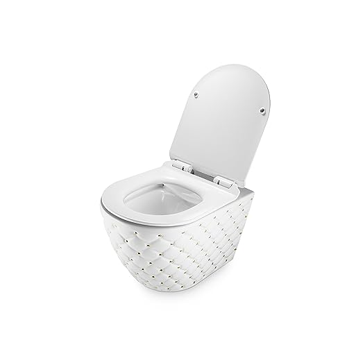RD Luxury Spülrandloses Wand-WC Weiß-Gold – Hänge-Toilette aus Keramik mit Softclose WC-Sitz,inklusive Schallschutz & Komplettset von RD Luxury