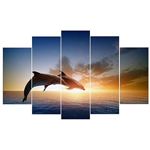 Modern Kunstdruck Wandbilder - Leinwandbilder - Meer, Delfine Bilder auf Leinwand Bild für Kinderzimmer Wohnzimmer Home Decor- 5 Teilig - Poster Wandgemälde/ohne Rahmen 150cm x 80cm von RDCHY