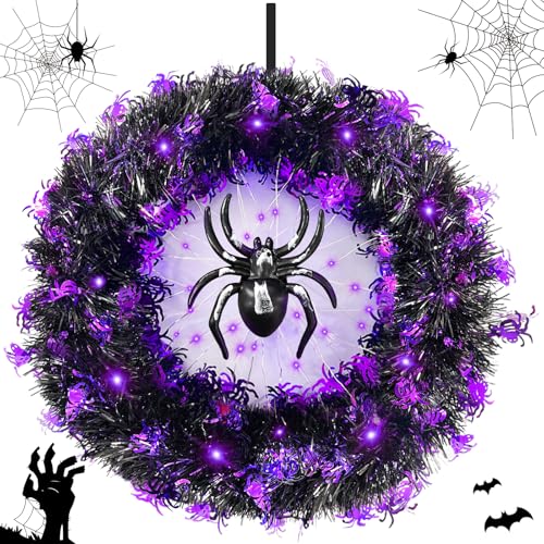 RDDAIPE Halloween Türkranz, Ø 34cm Kranz Mit Lichtdekoration - Spinnen Dekorations Kranz für Outdoor, Innen, Türdeko, Party, Wand und Fenster von RDDAIPE