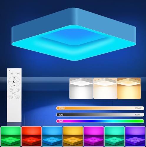 RDGOOD 24W RGB LED Deckenleuchte Dimmbar mit Fernbedienung, 2400LM LED Deckenlampe Dimmbar 3000K-6500K, RGB Farbwechsel Wohnzimmerleuchte für Schlafzimmer Kinderzimmer Küche Keller 28x28cm Eckig von RDGOOD