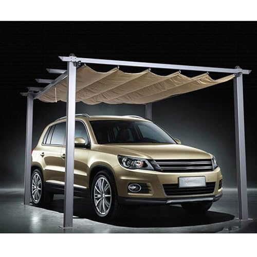 Carport – 9,8 Fuß X 14 Fuß, Robuster Carport, Unterstand for Autos Und Boote, Einziehbares Überdachungsdesign, Sonnenschutz for Den Garten Im Freien.(Khaki Fabric Version) von RDHMJSJAZ