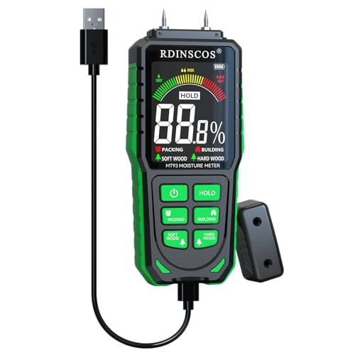 Feuchtigkeitsmessgerät Wiederaufladbar Holzfeuchtemessgerät Feuchtigkeitsmesser Detector Pin-Typ Feuchtigkeitsdetektor mit 4 Modi Feuchtemessgerät für Holz,Brennholz,Wände,Baustoffen Feuchtigkeitsmessgerät Wiederaufladbar Holzfeuchtemessgerät Feuchtigkeitsmesser Detector Pin-Typ Feuchtigkeitsdetektor mit 4 Modi Feuchtemessgerät für Holz,Brennholz,Wände,Baustoffen von RDINSCOS