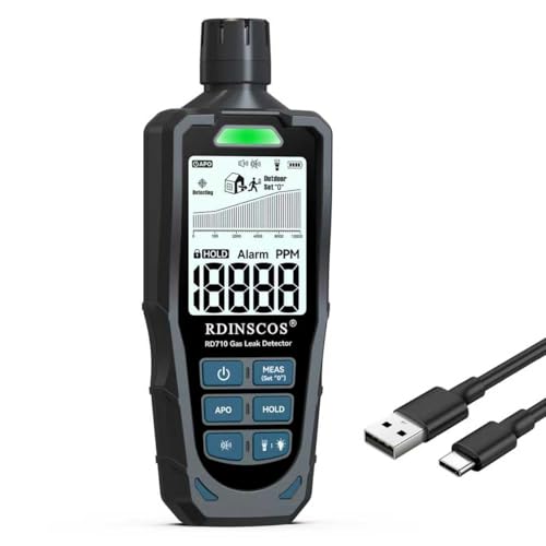 Gasmelder,Wiederaufladbarer Gaslecksuchgerät – Hohe Empfindlichkeit, 0–1000 ppm Alarm für Methan, Propan, Wasserstoff – LED-Taschenlampe & HOLD-Funktion – Für Zuhause, Industrie, Bergbau – RDINSCOS von RDINSCOS