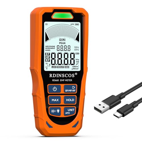 RDINSCOS EMF-Messgerät,3 in 1 Elektromagnetische Strahlung für EF MF RF,Handheld-Detektor Digitaler Strahlungsdetektor für elektromagnetische Felder für Zuhause, Büro & Unterwegs von RDINSCOS