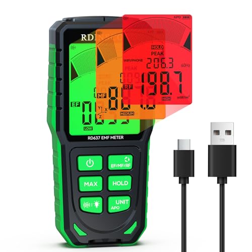 RDINSCOS EMF-Messgeräte Wiederaufladbarer Digitaler Elektromagnetische Felder Strahlung Messgerät Handgehaltener Strahlungsdetektor für EF,MF,RF,WiFi,Microwave RF Messgerät von RDINSCOS
