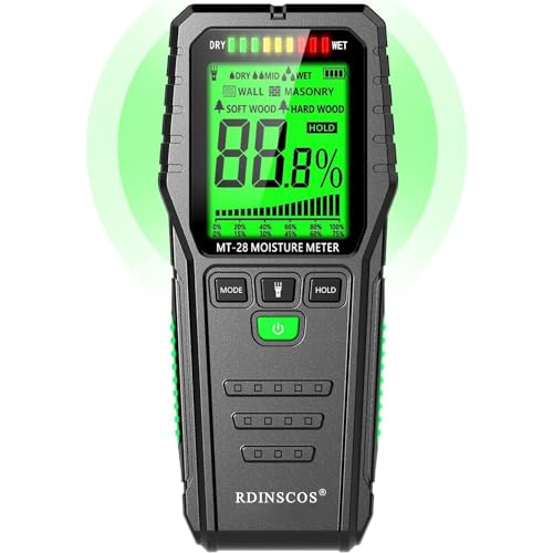RDINSCOS Feuchtigkeitsmessgerät Stiftlose Wand Feuchtigkeitsmessgerät MT28 Feuchtigkeitsmessgerät Wand Mauerwerk mit LCD-Display Feuchtigkeitsmesser für Wände,Holz,Wohnmobile von RDINSCOS