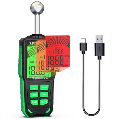 RDINSCOS Feuchtigkeitsmessgerät Wand Wiederaufladbarer Feuchtigkeitsmesser für wände Wandfeuchtemessgerät Mauerwerk mit 3-Farben-LCD,5 Modi Baufeuchtemessgerät 5-40mm Analysetiefe von RDINSCOS