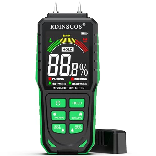 RDINSCOS Feuchtigkeitsmessgerät Pin-Typ Feuchtigkeitsmesser für Holz, Baustoffe mit LCD-Display und hörbarem Alarm - Präzise Messung für Bau, Brennholz & DIY-Projekte von RDINSCOS