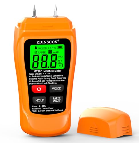 RDINSCOS Pinless Feuchtemessgerät für Wände Zerstörungsfreies Feuchtigkeitsmessgerät mit LCD-Display Feuchthelfer Detektor für Baustoffe, Böden, Brennholz, Wohnwagen (MT-18) von RDINSCOS