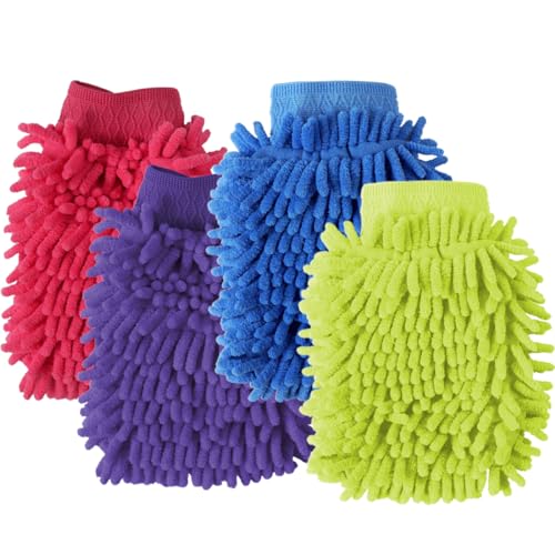 RDNKVB Mikrofase Wasserdicht Chenille Handschuh, weicher Korallen Autowaschhandschuh, Schwamm 4 Stücke Auto Waschhandschuh für Autowäsche von RDNKVB