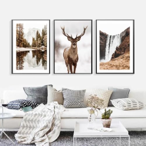 RDRDtbtr Berglandschaft Tiere Hirsche Wand Bilderdruck Bilder Natur Schnee Lake Bäume Poster Kunstdruck Moderne Ölgemälde Wohnzimmer Home Dekoration 50x70cmx3 Kein Rahmen von RDRDtbtr