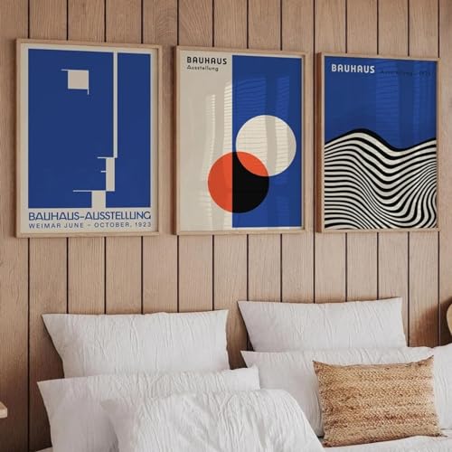RDRDtbtr Blaue Bauhaus-Ausstellung Wand Bilder abstrakte geometrische Linie Poster Kunstdrucke Retro-Leinwandgemälde Bild Wohnzimmer Heimdekoration 50 x 70 cm x 3 ungerahmt von RDRDtbtr