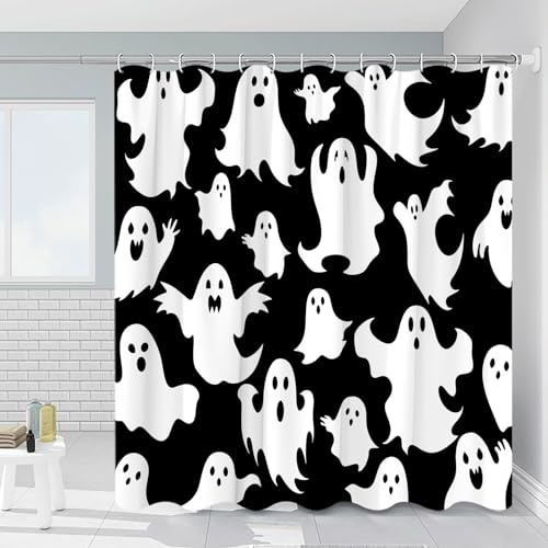 RDRUVA Halloween Geist Duschvorhang Niedlich Lustig Cartoon Gruselige Geister Badezimmer Vorhänge Horror Trick or Treat Party Jungen Mädchen Happy Halloween Badezimmer Dekor mit Haken 70 x 70 Zoll von RDRUVA