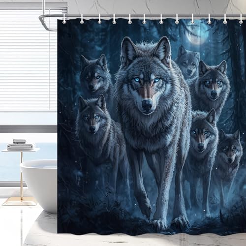 Wolf Duschvorhang Wald Mond Wildlife Traumhafte Kunst Nacht Natur Rustikale Aussicht Badezimmer Dekoration Polyester Wasserdicht Maschinenwaschbar mit Haken von RDRUVA