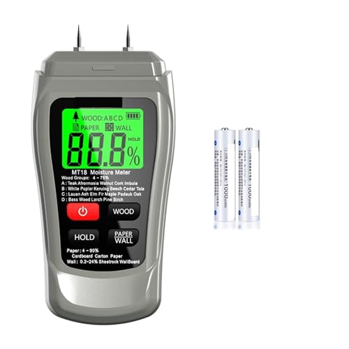Feuchtigkeitsmesser, MT-18 Grau 0–99,9 % zweipoliger digitaler Holzfeuchtemesser, Papierfeuchtigkeitstester, Wandhygrometer, Holzfeuchtigkeitsdetektor(Grey with Battery) von RDVXI