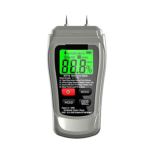 Feuchtigkeitsmesser, MT-18 Grau 0–99,9 % zweipoliger digitaler Holzfeuchtemesser, Papierfeuchtigkeitstester, Wandhygrometer, Holzfeuchtigkeitsdetektor(Gris) von RDVXI