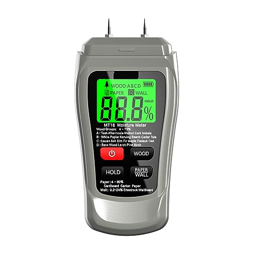 Feuchtigkeitsmesser, MT-18 Grau 0–99,9 % zweipoliger digitaler Holzfeuchtemesser, Papierfeuchtigkeitstester, Wandhygrometer, Holzfeuchtigkeitsdetektor(Gris) von RDVXI